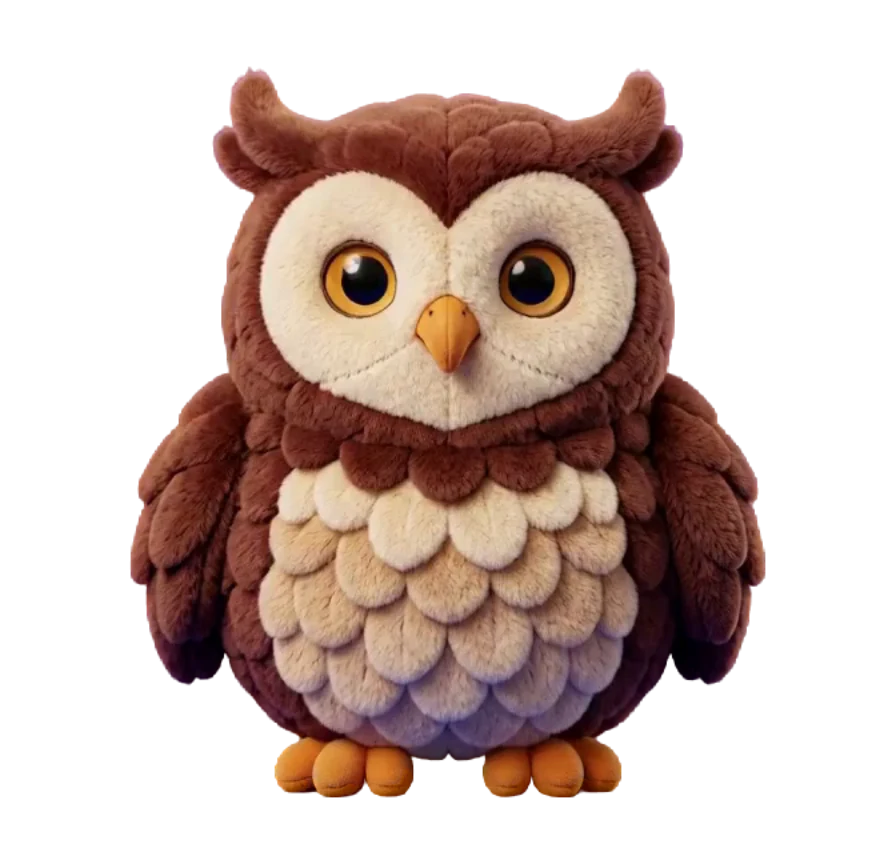 Hoot, a plush owl with chestnut feathers and big amber eyes
