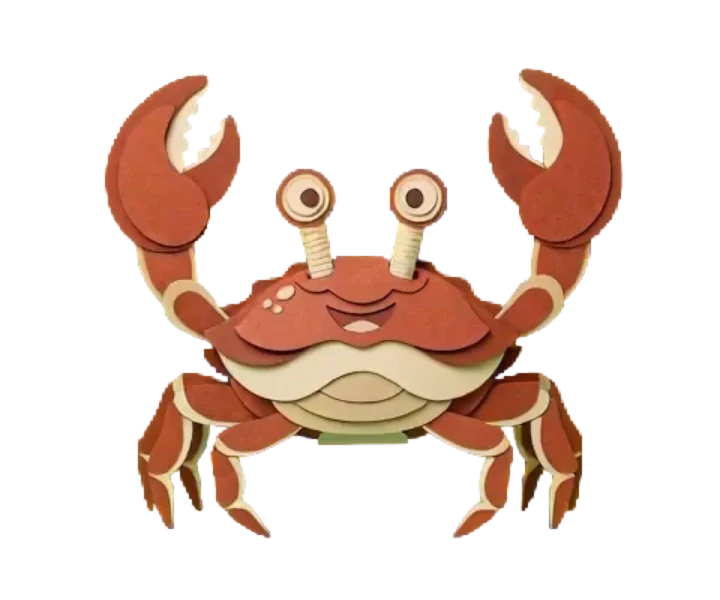 Pinch, a red paper-craft crab mascot with raised claws