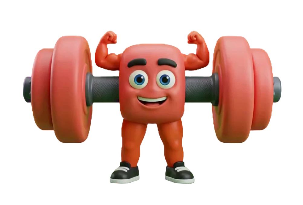 Rep, a red dumbbell mascot with two big weights, a smiling face, flexed arms and stubby legs