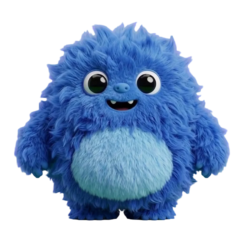 Shag, a fluffy blue monster with long shaggy fur and big round eyes
