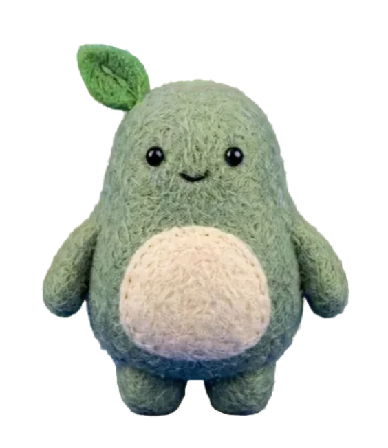 Tuft, a green felted pear-shaped mascot with a leaf ear